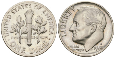 США 10 центов (дайм) 1974 S (Сан-Франциско), Франклин Рузвельт KM 195a медь плакированный медно-никелем PROOF 4516-1018