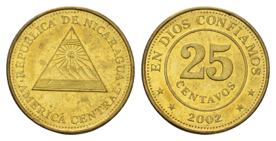 Никарагуа 25 сентаво 2002 KM 99 сталь плакированная латунью UNC 23-1137