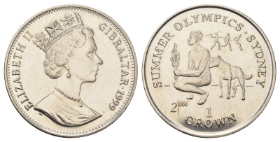 Гибралтар 1 крона 1999 XXVII Летние Олимпийские игры, Сидней 2000 - Человек с факелом и собакой динго KM 793 медно-никель BU 1524-1943