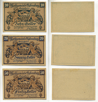 АВСТРИЯ НАБОР ИЗ 3 БАНКНОТ 1920 31 ИЮЛЯ 1920, НОТГЕЛЬД, 10, 20, 50 ГЕЛЛЕРОВ, RABENSBURG бумага aUNC 7203-34-3