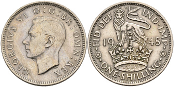 Великобритания 1 шиллинг 1948 Георг VI (1936-1952), Английский герб KM 863, Spink 4105 медно-никель    4150-457