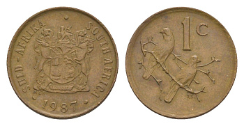 ЮАР 1 цент 1987 герб, капские воробьи KM 82 бронза 4608-542
