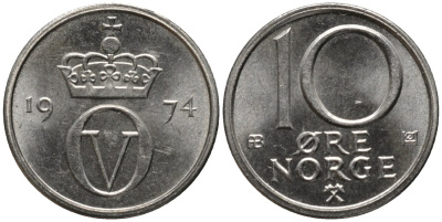 Норвегия 10 эре 1974 Улаф V (1958-1991) KM 416 медно-никель 206-459