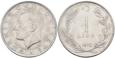 Турция 1 лира 1972 Мустафа Кемаль Ататюрк KM 889a.2 нержавеющая сталь 4117-145