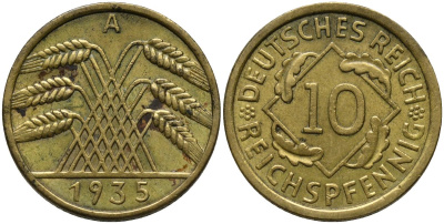 Германия 10 рейхспфеннигов 1935 A KM 40 алюминиевая бронза 4171-353
