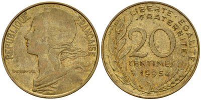 Франция 20 сантимов 1995 тип Marianne KM 930, Le Franc 156.39 медь алюминий никель  4393-1147
