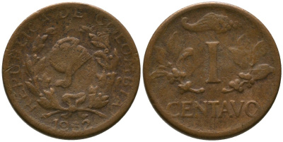 Колумбия 1 сентаво 1962 KM 205, Schon 25, Hernandez 335, Restrepo 350 бронза 4576-1142