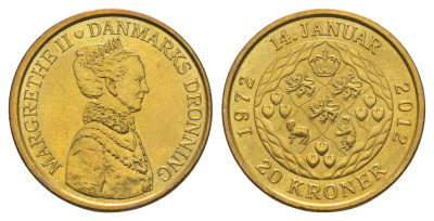 Дания 20 крон 2012 40 лет со дня коронации Королевы Маргреты II KM 945 алюминиевая бронза UNC 4650-1226