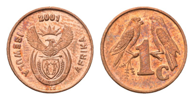 ЮАР 1 цент 2001 герб, капские воробьи KM 221 сталь плакированная медью UNC 4694-155