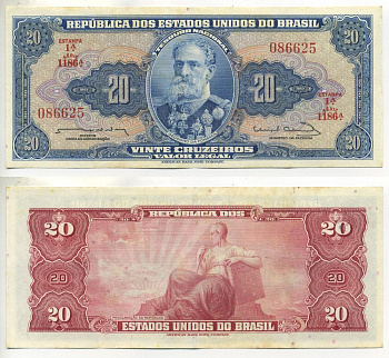 БРАЗИЛИЯ 20 КРУЗЕЙРО 1963 ПОДПИСЬ 12 Pick 168b бумага 3295-8-2-1