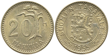 ФИНЛЯНДИЯ 20 МАРОК 1955 Н KM 39 алюминиевая бронза 34-116