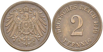 Германия 2 пфеннига 1912 A KM 16, J. 11, Weege 4 медь 206-1154