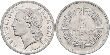Франция 5 франков 1945 тип Лаврилье, Open 9 KM 888b.1, Le Franc 339.3 алюминий 4117-1144