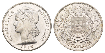 Португалия 50 сентаво 1916 KM 561 серебро UNC 3896-1622