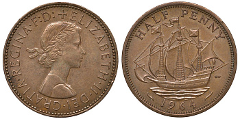 Великобритания 1/2 пенни 1964 Елизавета II (1952-2022) KM 896, Spink 4158 бронза 4122-833