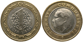 Турция 1 лира 2019 KM 1244 биметалл aUNC 4561-1047