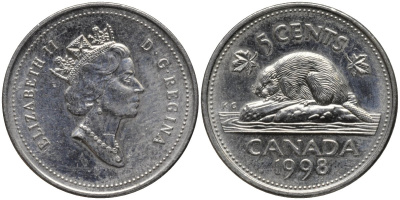 Канада 5 центов 1998 бобр, Елизавета II (1952-) KM 182 медно-никель PROOF 4577-852