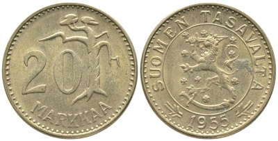 ФИНЛЯНДИЯ 20 МАРОК 1955 Н KM 39 алюминиевая бронза 34-116