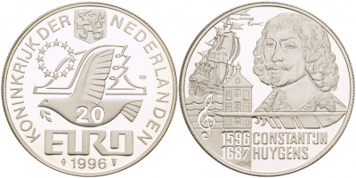 НИДЕРЛАНДЫ 20 ЕВРО 1996 (1596-1687) КОНСТАНТИН ГЮЙГЕНС серебро PROOF 1068-1-54