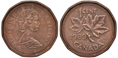 Канада 1 цент 1989 Елизавета II (1952-2022), кленовый лист KM 132 бронза  UNC  4588-1168