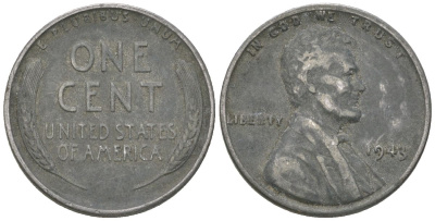 США 1 цент 1943 Авраам Линкольн KM 132 a сталь покрытая цинком 214-658