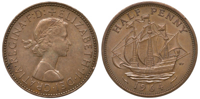 Великобритания 1/2 пенни 1964 Елизавета II (1952-2022) KM 896, Spink 4158 бронза 4122-833