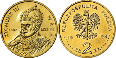 Польша 2 злотых 1998 MW, серия Польские короли, Сигизмунд III Ваза (1587-1632) KM 336 нордик  UNC  4531-342
