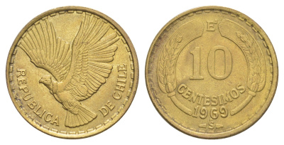 Чили 10 сентесимо 1969 KM 191 алюминиевая бронза 4641-456