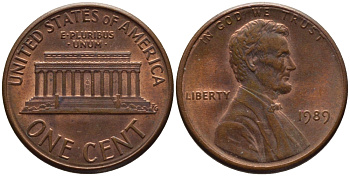 США 1 цент 1989 Линкольн KM 201b цинк плакированный медью 66-1036