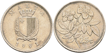 Мальта 25 центов 1991 шиповник вечнозелёный KM 97 медно-никель 186-753