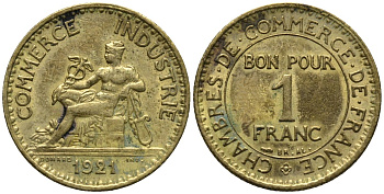 Франция 1 франк 1921 COMMERCE INDUSTRIE KM 876 алюминиевая бронза 4577-735