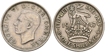 Великобритания 1 шиллинг 1947 Георг VI (1936-1952), Английский шиллинг KM 863, Spink 4103 медно-никель 4153-852