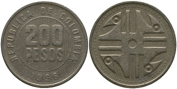 Колумбия 200 песо 1996 KM 287.2, Schon 113, Restrepo 446 никель латунь 4538-326