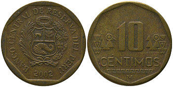 Перу 10 сентимо 2002 LIMA KM 305.4, Schon 104 латунь 4543-811