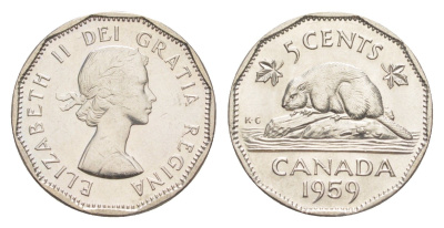 Канада 5 центов 1959 Елизавета II (1952-2022), бобр KM 50a никель aUNC 4639-436