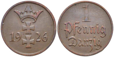 Данциг 1 пфенниг 1926 KM 140, J. D.2 бронза 3458-169
