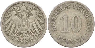 ГЕРМАНИЯ 10 ПФЕННИГОВ 1891 D KM 12, J. 13 медно-никель 4401-1022