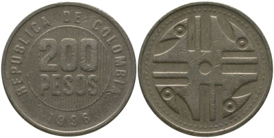 Колумбия 200 песо 1996 KM 287.2, Schon 113, Restrepo 446 никель латунь 4538-326