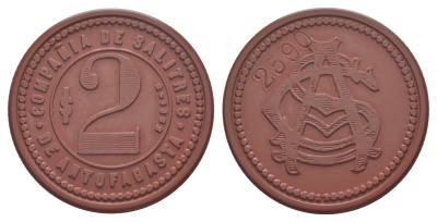 Чили, Антофагаста (Antofagasta) шахтерский жетон с Селитряного рудника для покупки в местных магазинах, номиналом в 2 песо около 1904 диаметр 40,5 мм, вес 5,13 гр Espinosa 22.9 эбонит (красный) 1094-11-34