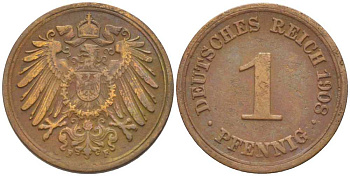ГЕРМАНИЯ 1 ПФЕННИГ 1908 F KM 10, J. 10, Weege 2 медь 211-412