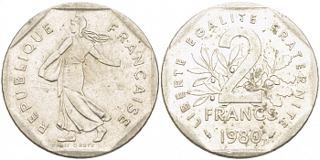 ФРАНЦИЯ 2 ФРАНКА 1980 СЕЯТЕЛЬ KM 942.1, LE FRANC 272.4 никель 4402-1136
