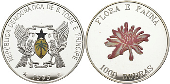 Сан-Томе и Принсипи 1000 добра 1995 фарфоровая роза, цветная эмаль, тираж 15000 экз. KM 77 серебро PROOF 04-137-45