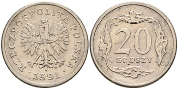 Польша 20 грошей 1991 MW KM 280 медно-никель    4564-238
