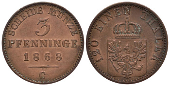 ПРУССИЯ 3 ПФЕННИГА 1868 C, ВИЛЬГЕЛЬМ I (1861-1888) KM 482 медь 186-612