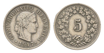 Швейцария 5 раппенов 1947 B KM 26 медно-никель 4532-648