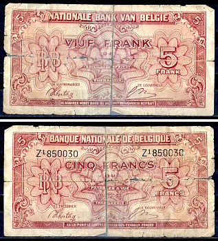 Бельгия 5 франков 1943 Pick 121 бумага 6300-18-1-2