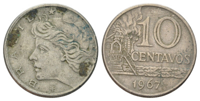 Бразилия 10 сентаво 1967 год-тип KM 578.1 медно-никель 4156-1142