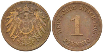 ГЕРМАНИЯ 1 ПФЕННИГ 1908 F KM 10, J. 10, Weege 2 медь 211-412