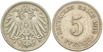 ГЕРМАНИЯ 5 ПФЕННИГОВ 1912 A KM 11, J. 12, Weege 6 медно-никель 206-1011