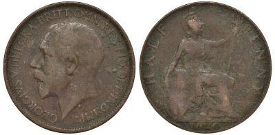 Великобритания 1/2 пенни 1920 Георг V (1910-1936) KM 809, Spink 4056 бронза 4163-537